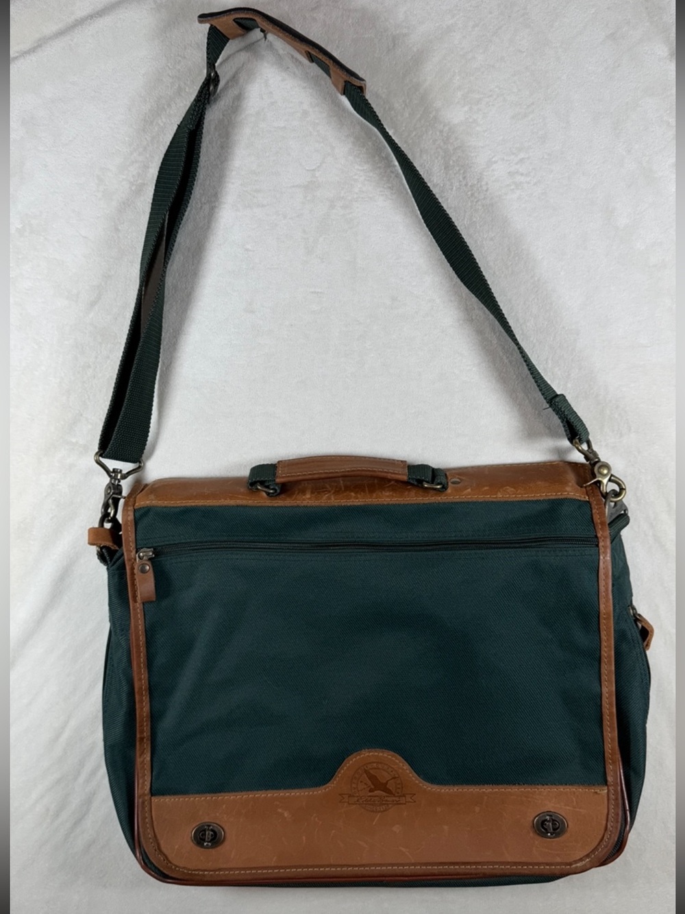 Eddie Bauer Dark Green Canvas Meather Messenger Laptop Bag Brown Leather Trim